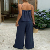 Lace Trim Cami and Wide-Leg Pants Set - Blue