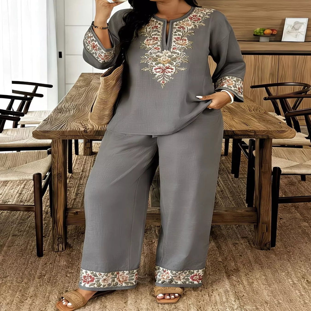 Full Size Embroidered Long Sleeve Top and Pants Set Plus Size - Apricot