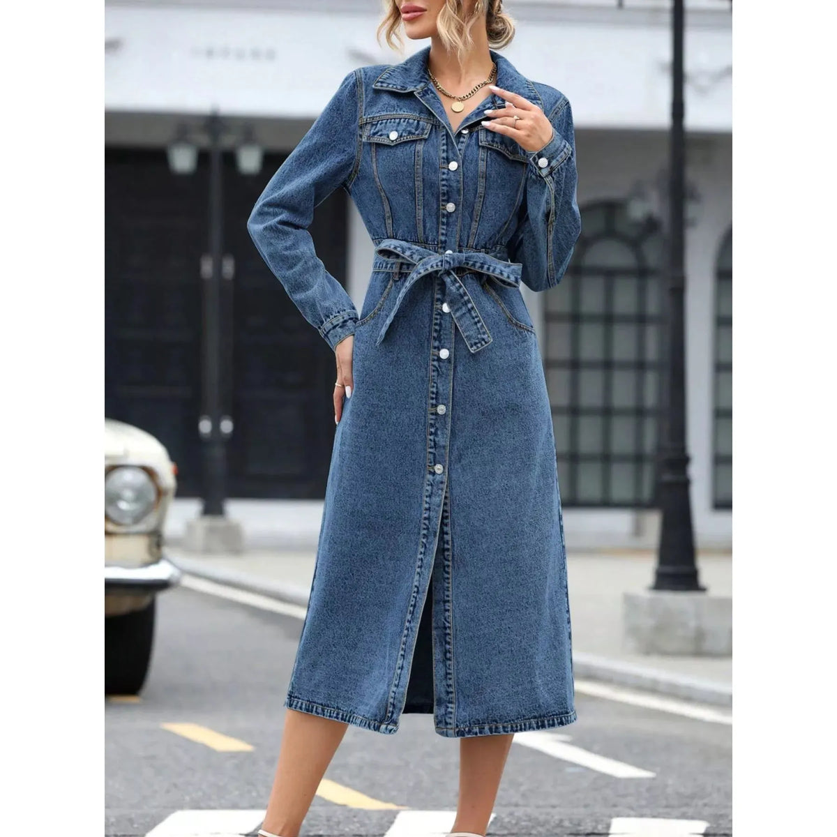 Belted Long Sleeve Denim Dress - Light Blue