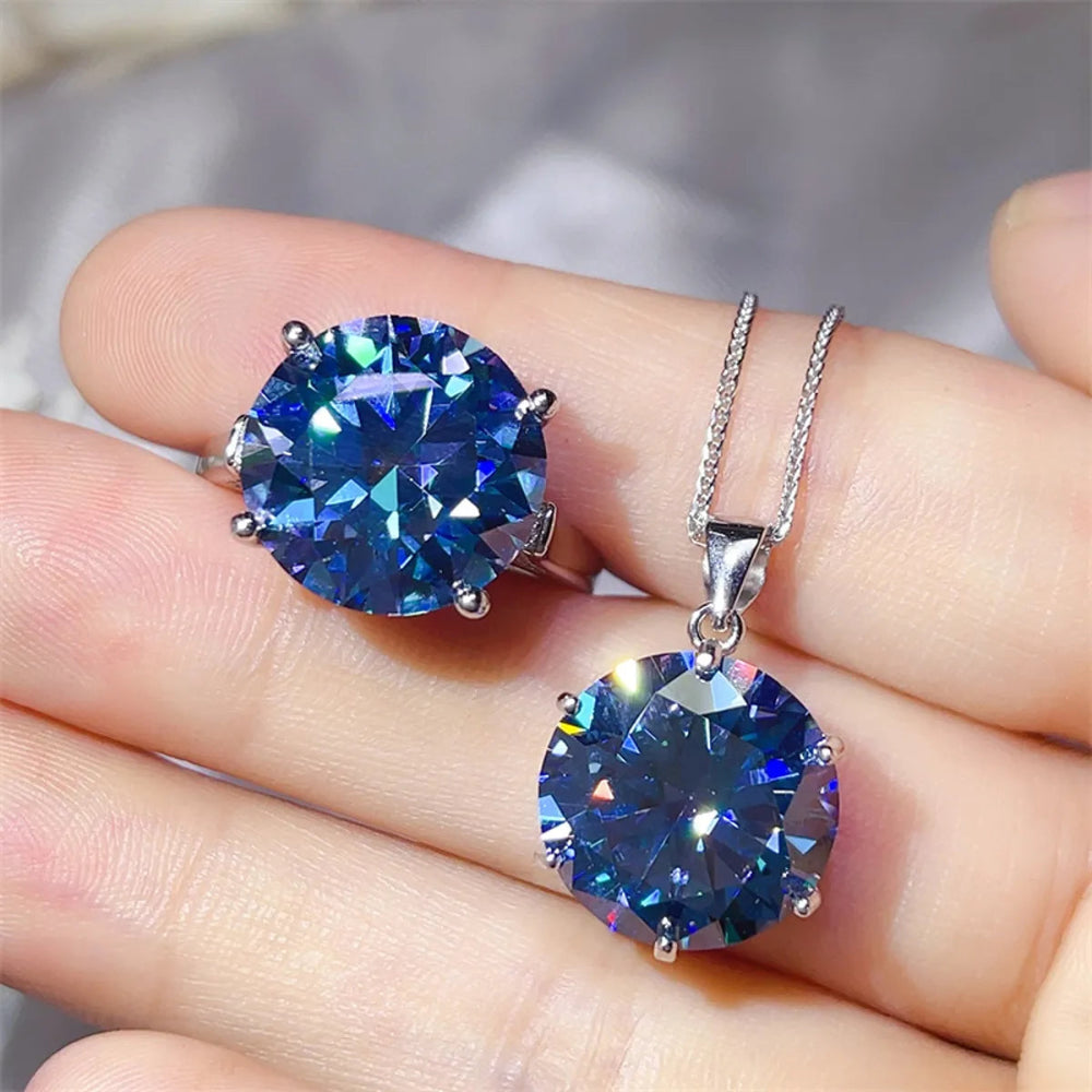 10 Carat Moissanite 925 Sterling Silver Ring and Necklace Set - Royal Blue