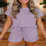 Stripe Breathable Textured Knit Short 2pcs Set - Lilac