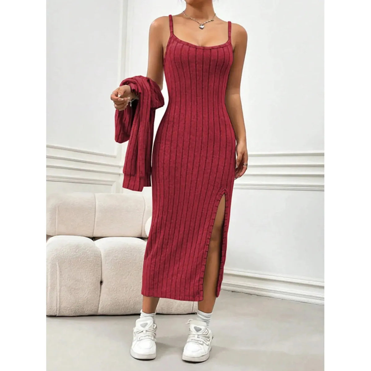 Ribbed Long Sleeve Cropped Cardigan and Slit Cami Dress Set