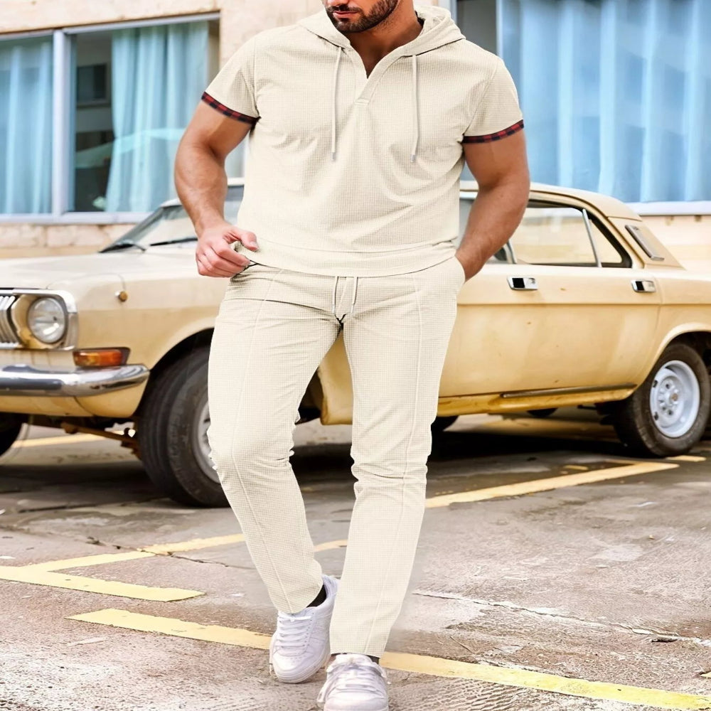 Men's Full Size Casual Short-Sleeve Hoodie and Pants Set Plus Size - Blue