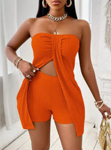 Solid Color Twisted Front Split Green Strapless Top And Shorts Set With - Green
