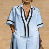 Full Size Contrast Trim Top and Pants Set Plus Size - Light Blue