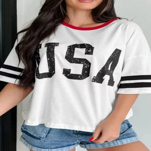 Women's USA letter printed varsity striped sleeve round neck T-shirt with a sporty casual design.