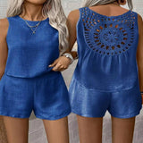 Round Neck Tank Top and Shorts Set - White