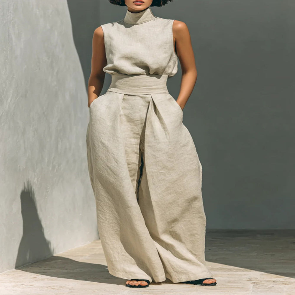 Turtleneck Sleeveless Top and Pants Set - Ivory