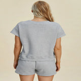 Double Take Full Size Texture Short Sleeve Top and Shorts Set - Khaki