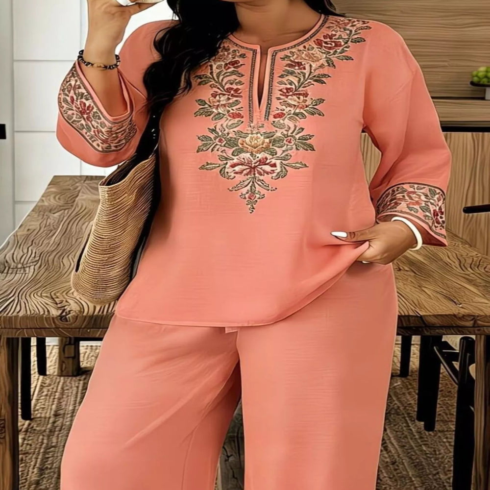 Full Size Embroidered Long Sleeve Top and Pants Set Plus Size - White