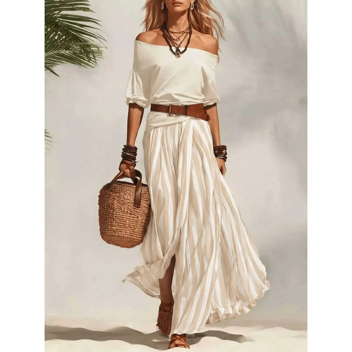 Off Shoulder Top and Striped Maxi Skirt Set - Black