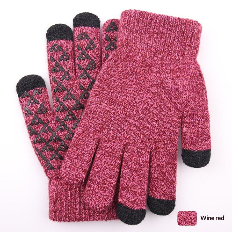 Knitted winter touchscreen wool gloves for men and women with warm soft fabric for cold-weather use.