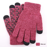 Knitted winter touchscreen wool gloves for men and women with warm soft fabric for cold-weather use.