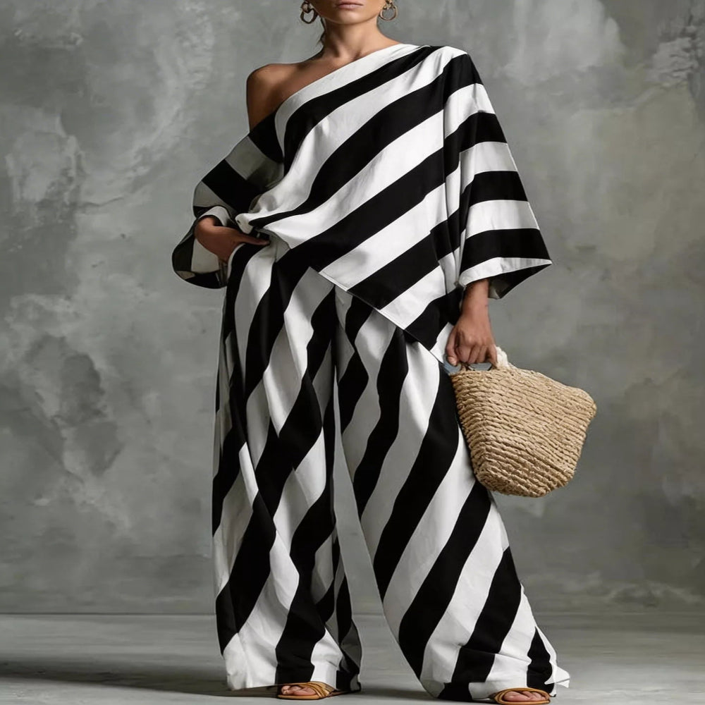 Full Size One-Shoulder Striped Top and Wide-Leg Pants Set Plus Size - Black