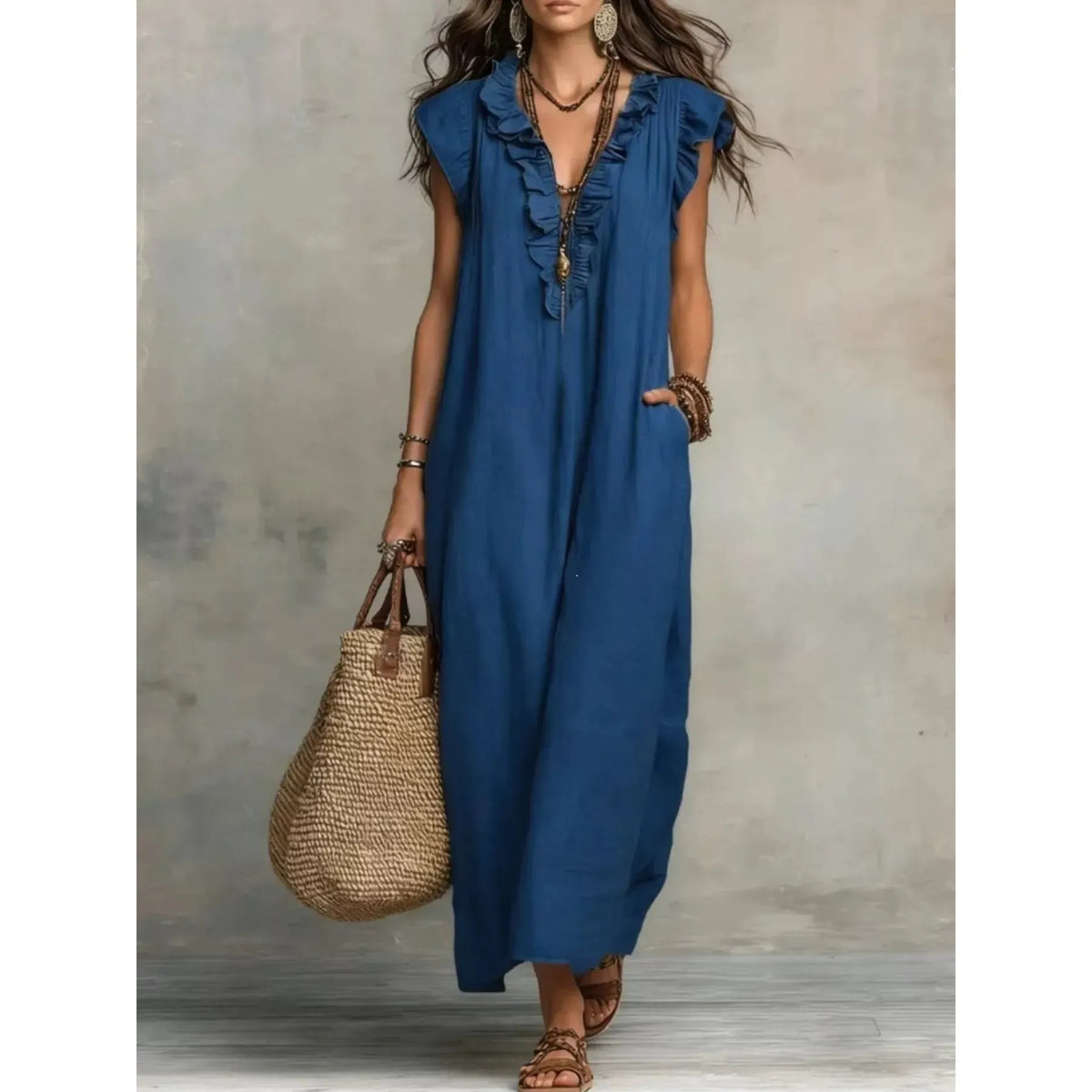Full Size Ruffled V-Neck Cap Sleeve Maxi Dress Plus Size - White