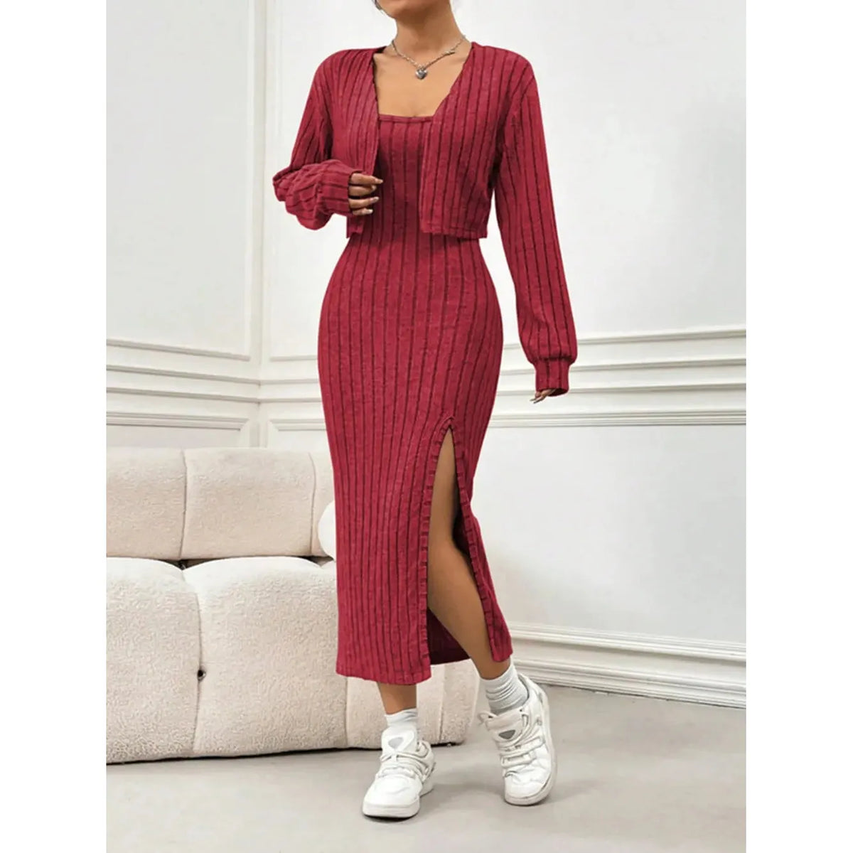 Ribbed Long Sleeve Cropped Cardigan and Slit Cami Dress Set - Orange-Red