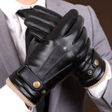 Men's black genuine leather winter gloves with fleece lining and touchscreen fingertips for winter warmth.