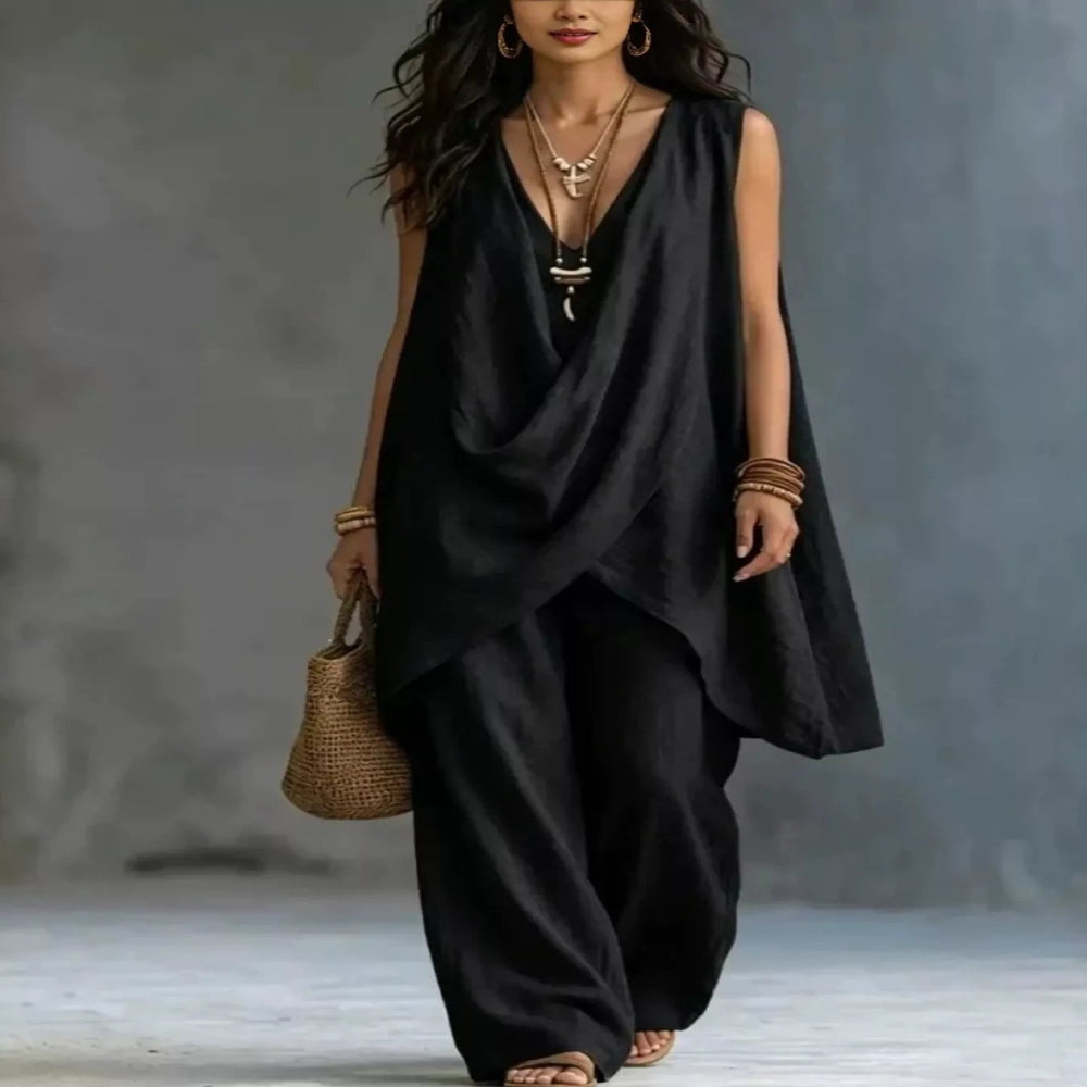 Sleeveless Asymmetrical Top and Wide-Leg Pants Set - White