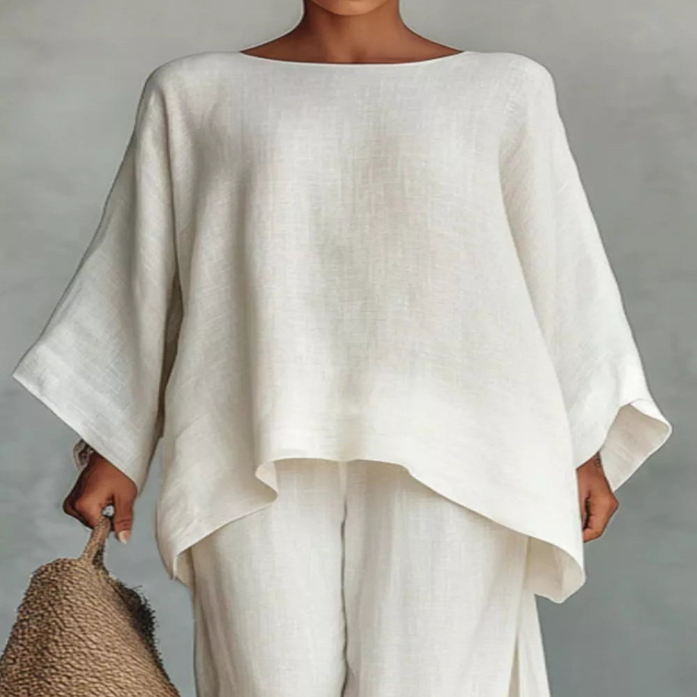 Solid Color Long Sleeve Top and Wide Leg Pants Set - White