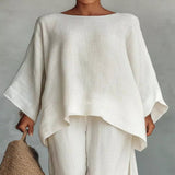 Solid Color Long Sleeve Top and Wide Leg Pants Set - White