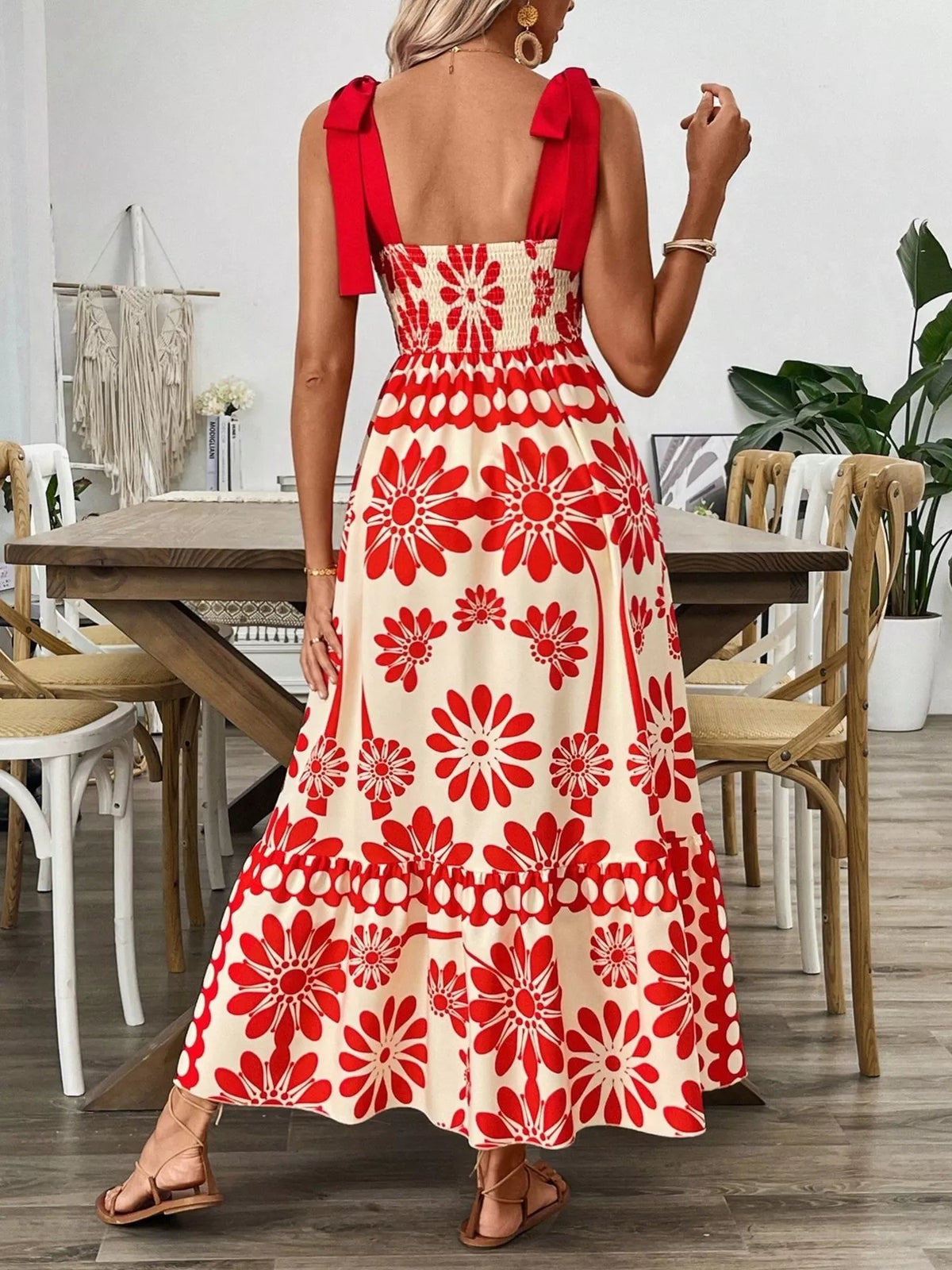 Floral Smocked Strapless Maxi Dress - Red