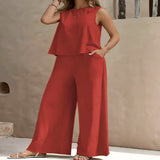 Women's Casual Two-Piece Wide Leg Pants Set - Beige