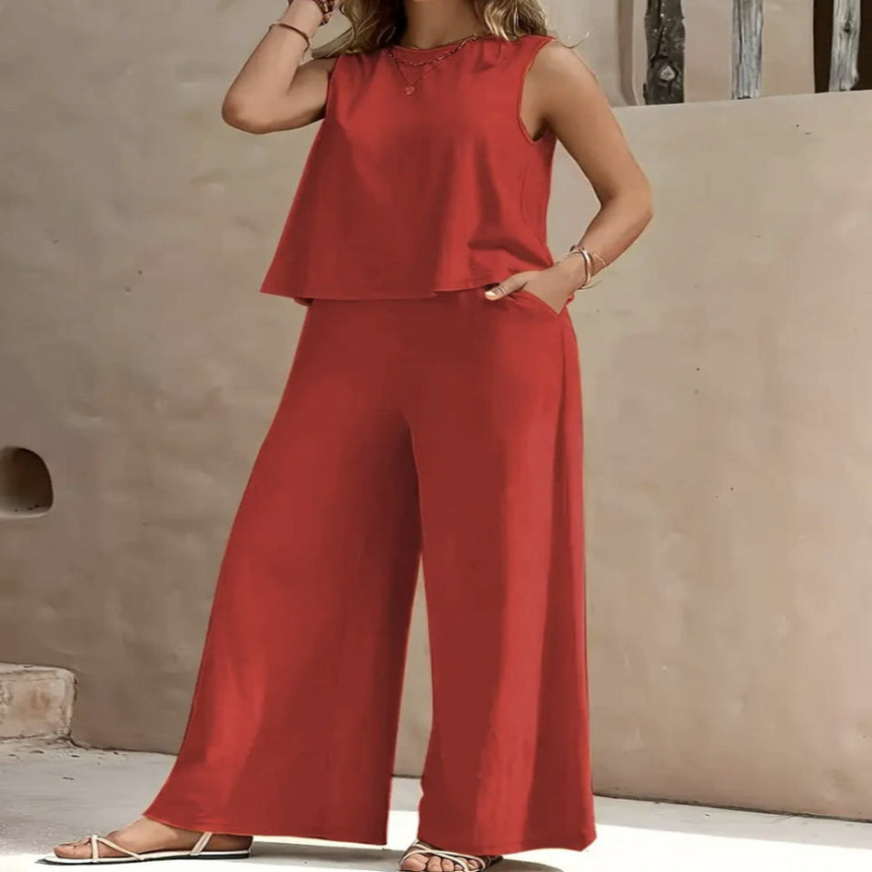 Women's casual two-piece outfit with sleeveless top and wide-leg pants set