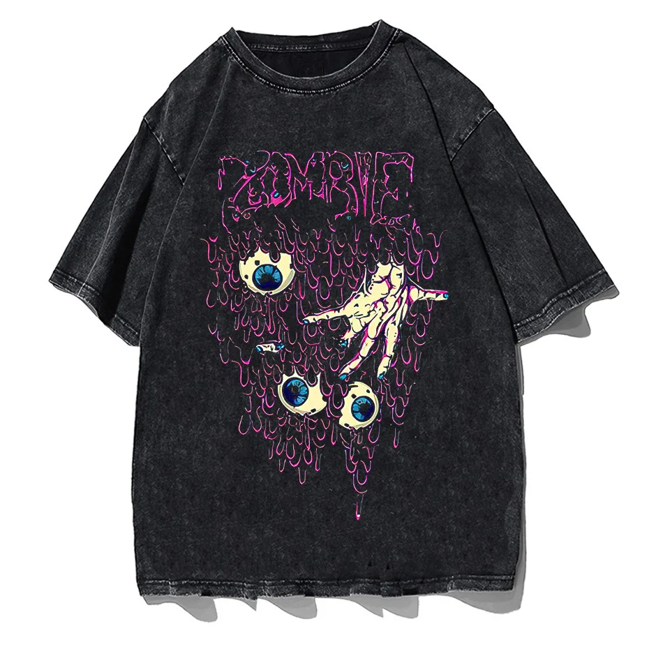 Zombie Horror Gothic Washed Cotton Oversized T-Shirt - long retro