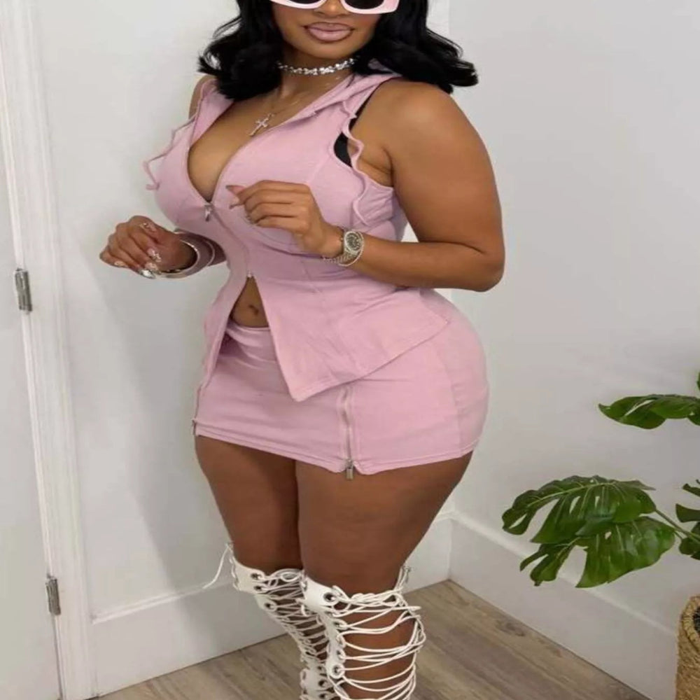 Hooded Zippered Sleeveless Top and Skirt Set - Pink