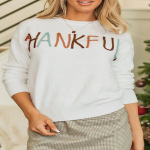 Women's THANKFUL graphic drop shoulder sweater for cozy fall and Thanksgiving wear.