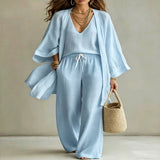 V-Neck Top & Cardigan & Pants Three-Piece Set - Black