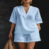 Full Size Notched Half Sleeve Top and Shorts Set Plus Size - White