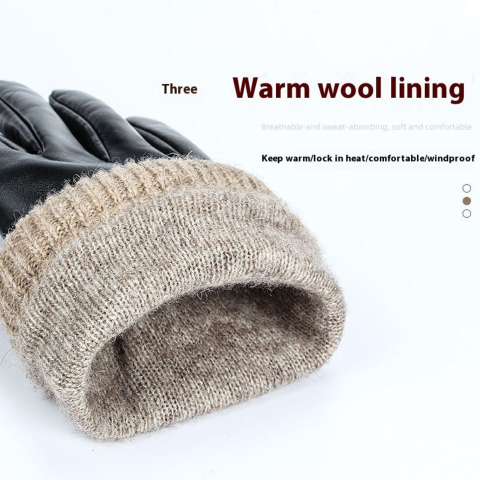 Men's black genuine leather winter gloves with fleece lining and touchscreen fingertips for winter warmth.
