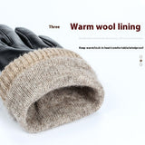 Men's black genuine leather winter gloves with fleece lining and touchscreen fingertips for winter warmth.