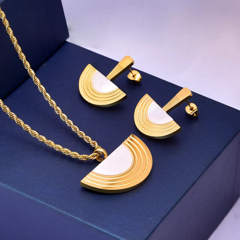 Geometric Half-Circle 18K Gold-Plated Necklace Ring and Earrings Jewelry Set