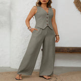 V-Neck Button Down Vest and Wide Leg Pants Set - Dust Storm