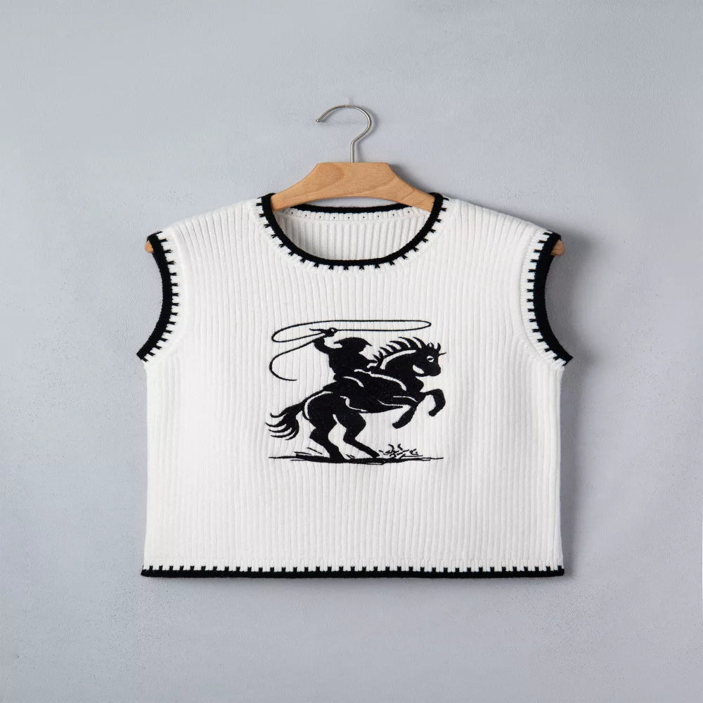 Contrast Trim Round Neck Rodeo Cowboy Sweater Vest - White