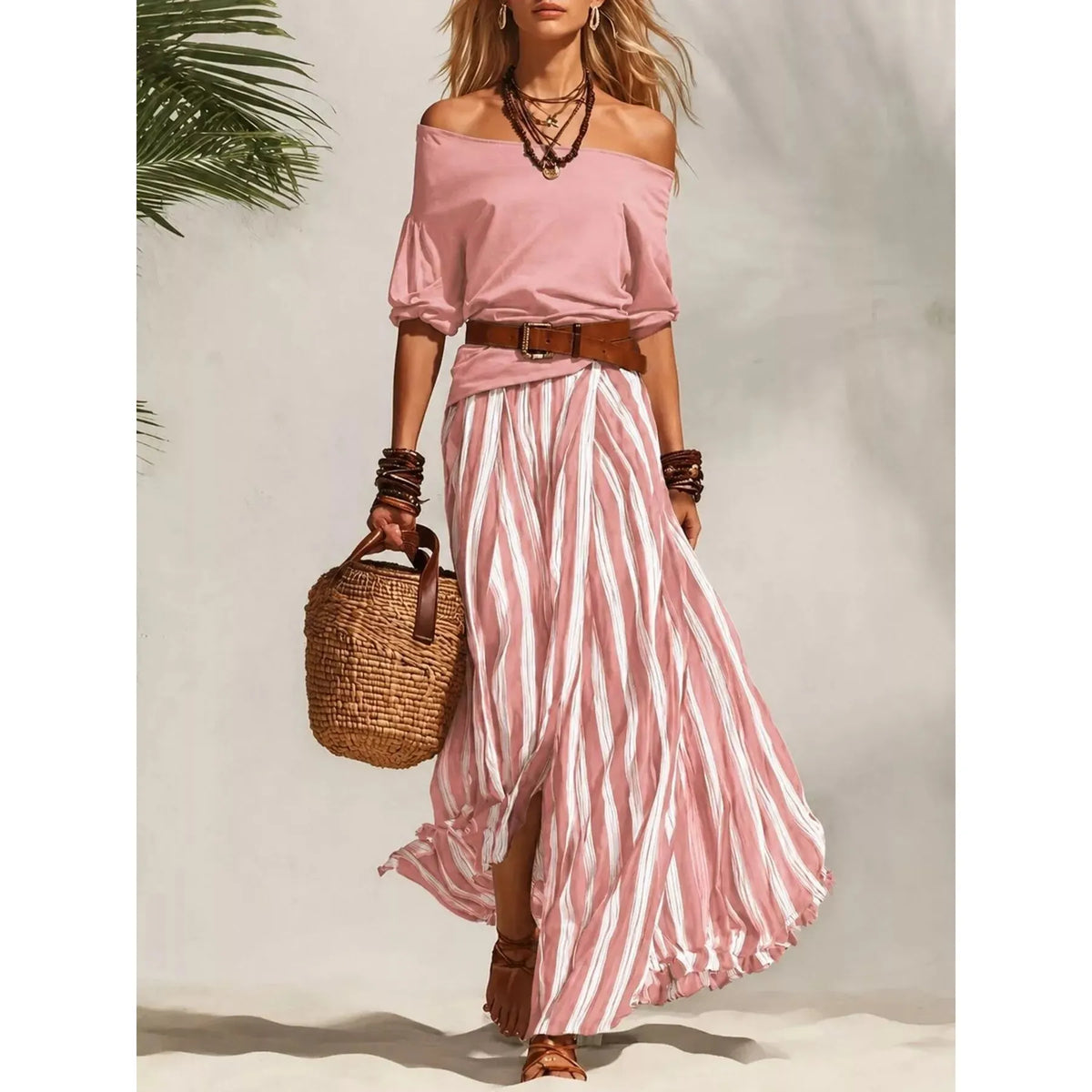 Off Shoulder Top and Striped Maxi Skirt Set - Black