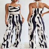 Abstract Print Halter Neck Crop Top and Wide Leg Pants Set - Black