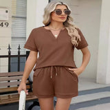 Solid Color Short Sleeve Top and Shorts Two-Piece Set - Navy