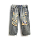 Men's Distressed Plaid Patch Wide Leg Jeans - Blue
