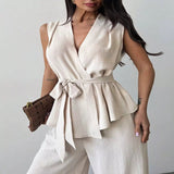 Sleeveless Top and Wide-Leg Pants Set - White