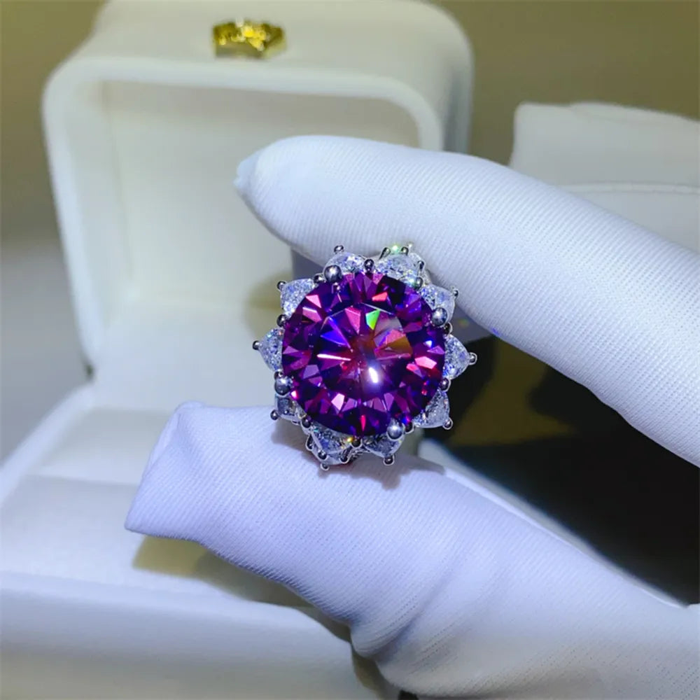 10 Carat Moissanite 925 Sterling Silver Flower Shape Ring - Deep Purple