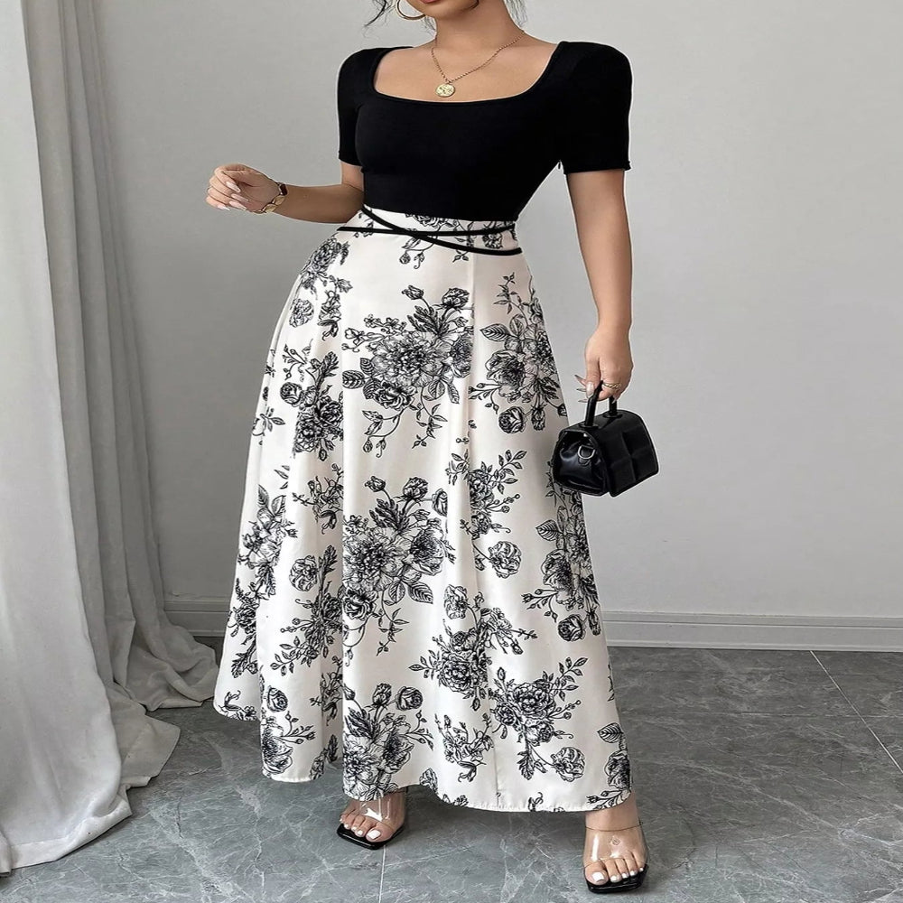 Floral Print Square Neck Maxi Dress - Black