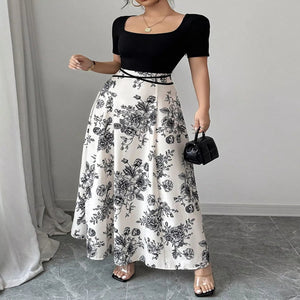 Women's floral print square neck maxi dress with an elegant flowing design.