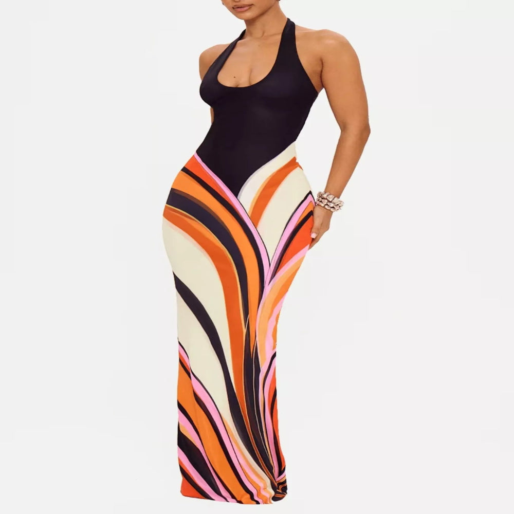 Halter Neck Maxi Dress with Abstract Print - Black