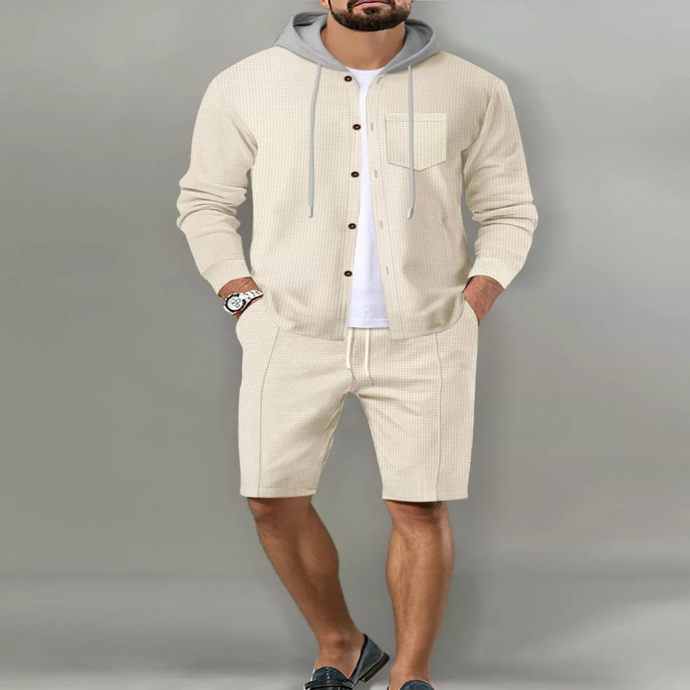 Men's Full Size Casual Hooded Button-Up Top and Shorts Set Plus Size - Black