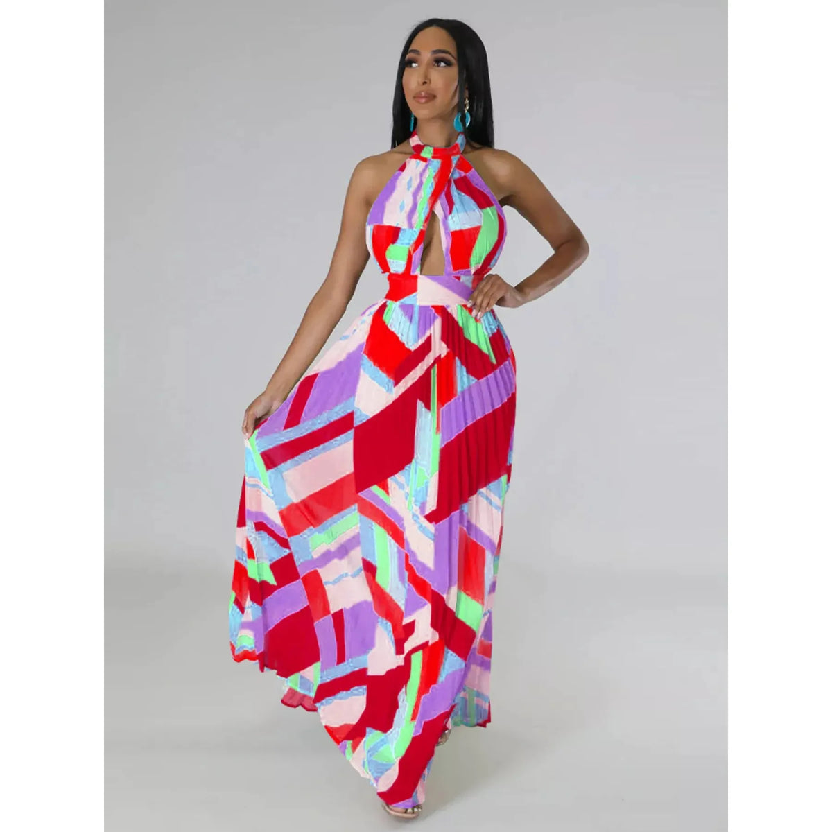 Halter Neck Geometric Print Pleated Maxi Dress - Black