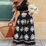One-Shoulder Ruffled Crop Top and Wide-Leg Printed Pants Set - Black