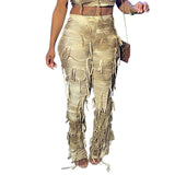 Street Fashion Tassel Ripped Skinny Casual Women's Trousers - Brown